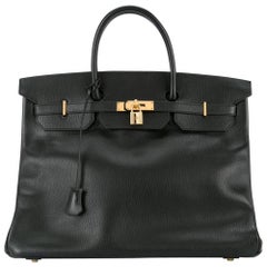 Retro Hermes Birkin 35 Black Leather Gold Carryall Satchel Travel Travel Tote Bag 