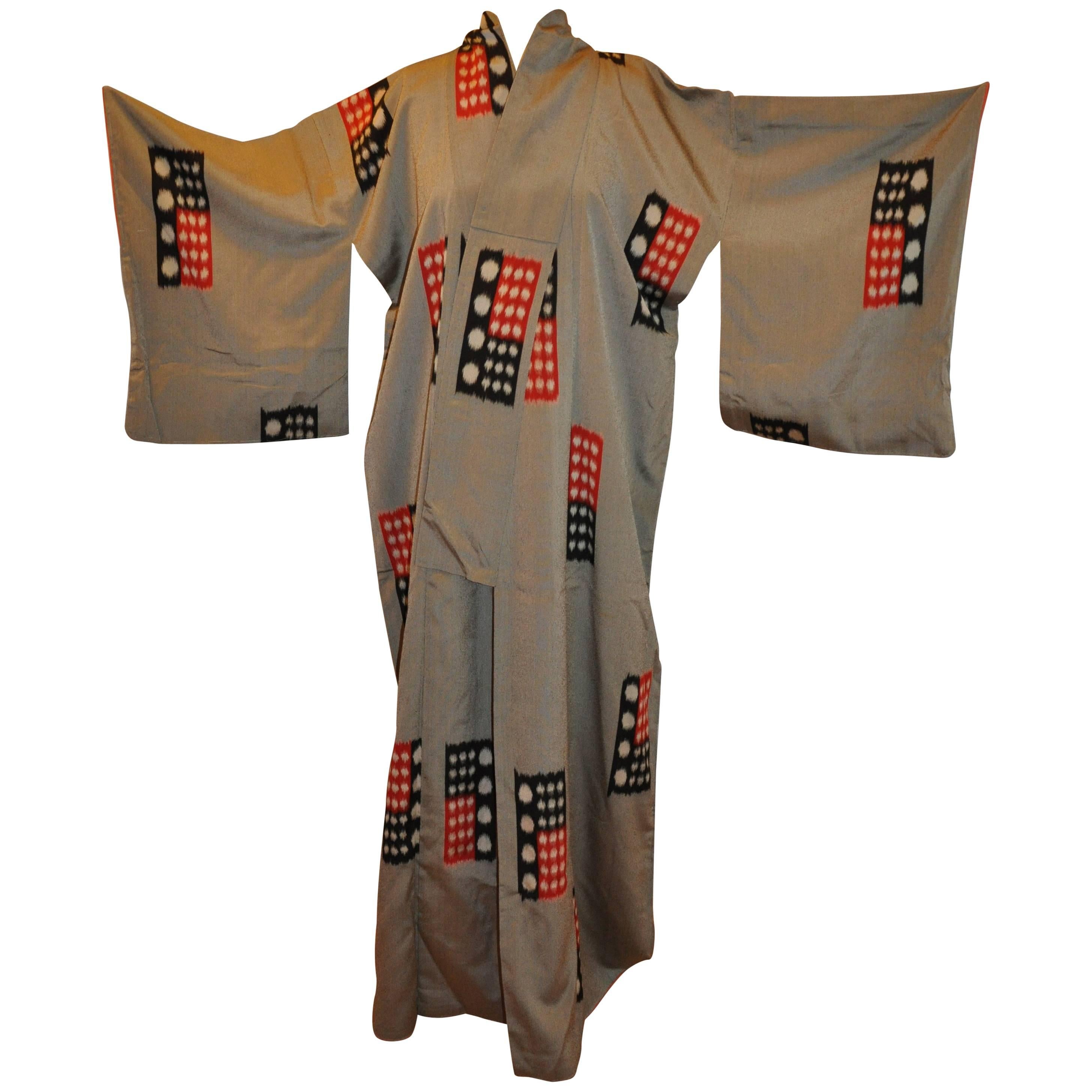 Charcoal Gray Japanese "Color Block" Silk Kimono For Sale