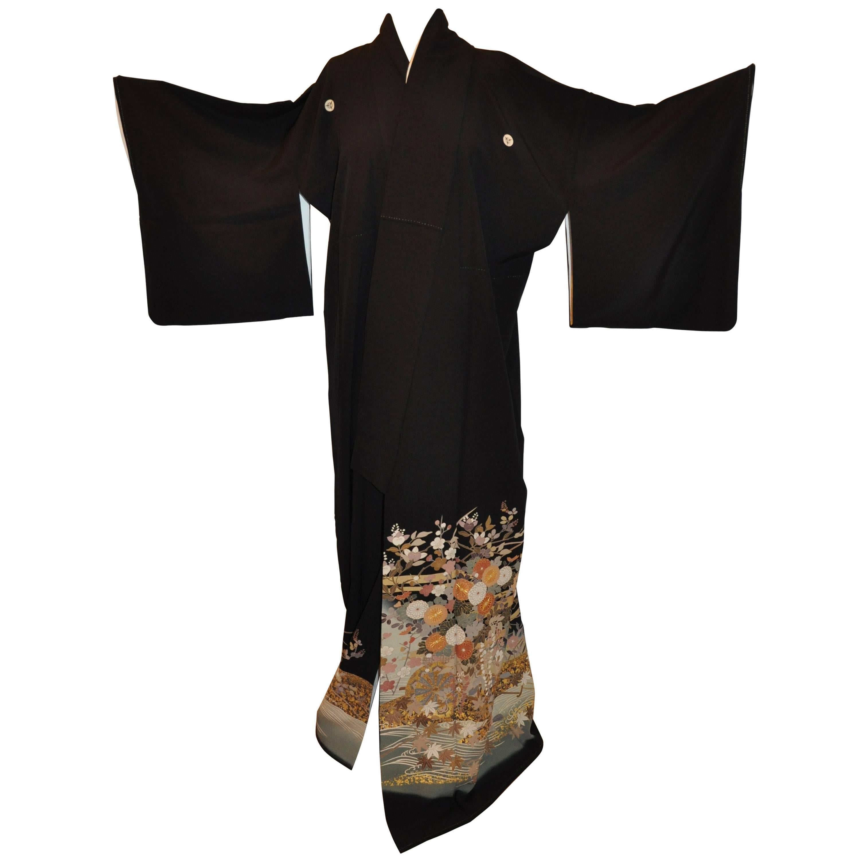 Multi-Florals with "Bursting Mums" Black Silk Kimono For Sale