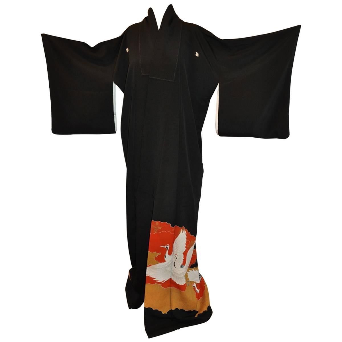 Black with "Summer Cranes In Flight" Silk Kimono