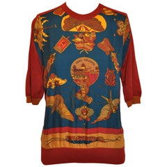 Retro Hermes "Soies Volantes" Cashmere & Silk Jacquard Crew-Neck Pullover