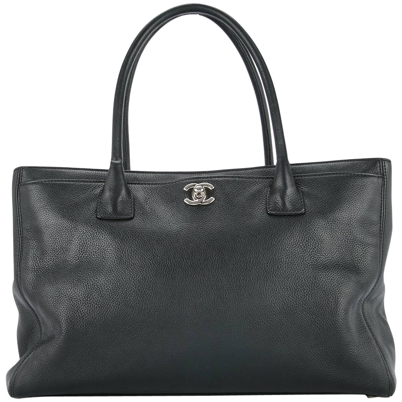 Chanel Black Leather Top Handle Carryall Travel Tote Bag