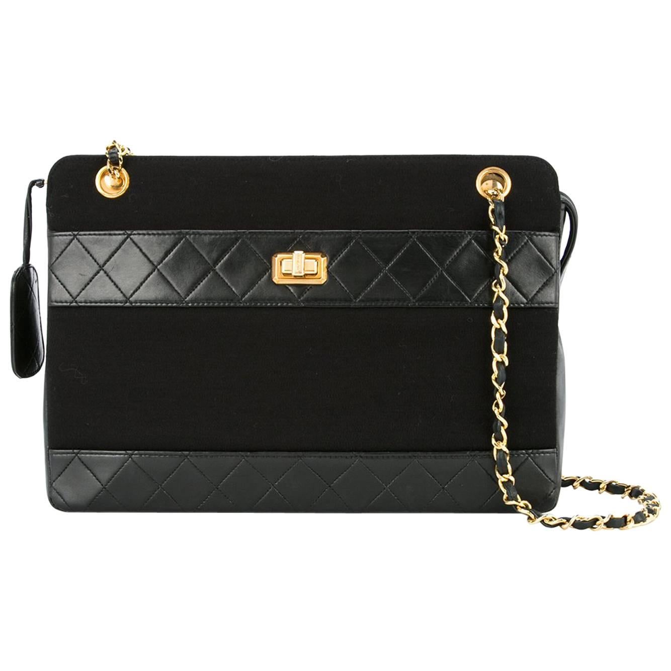 Chanel Black Leather Fabric Turnlock Square Shoulder Bag 