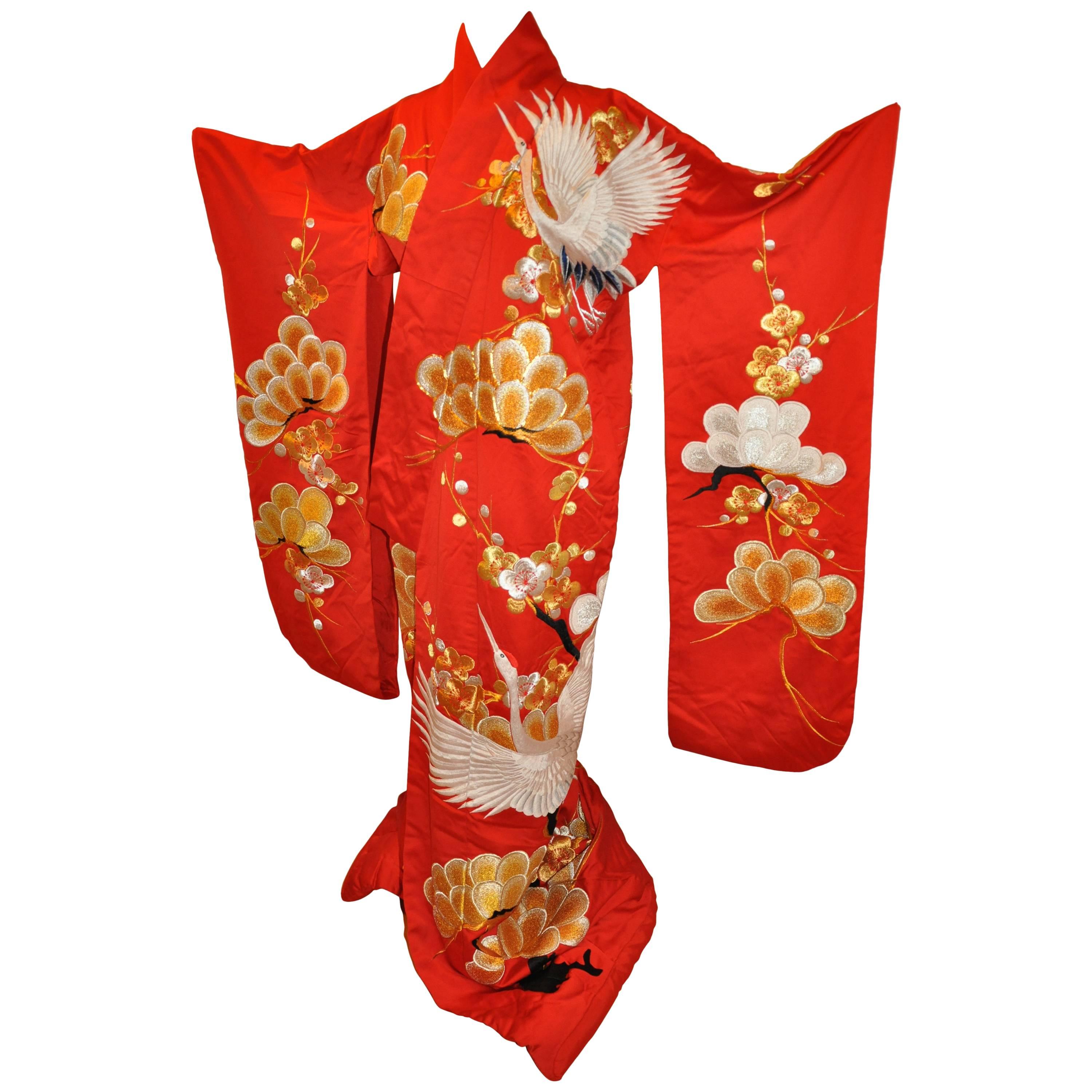 Magnificent Empress Red "Multi Floral & Lucky Crans" Ceremonial Silk Kimono For Sale
