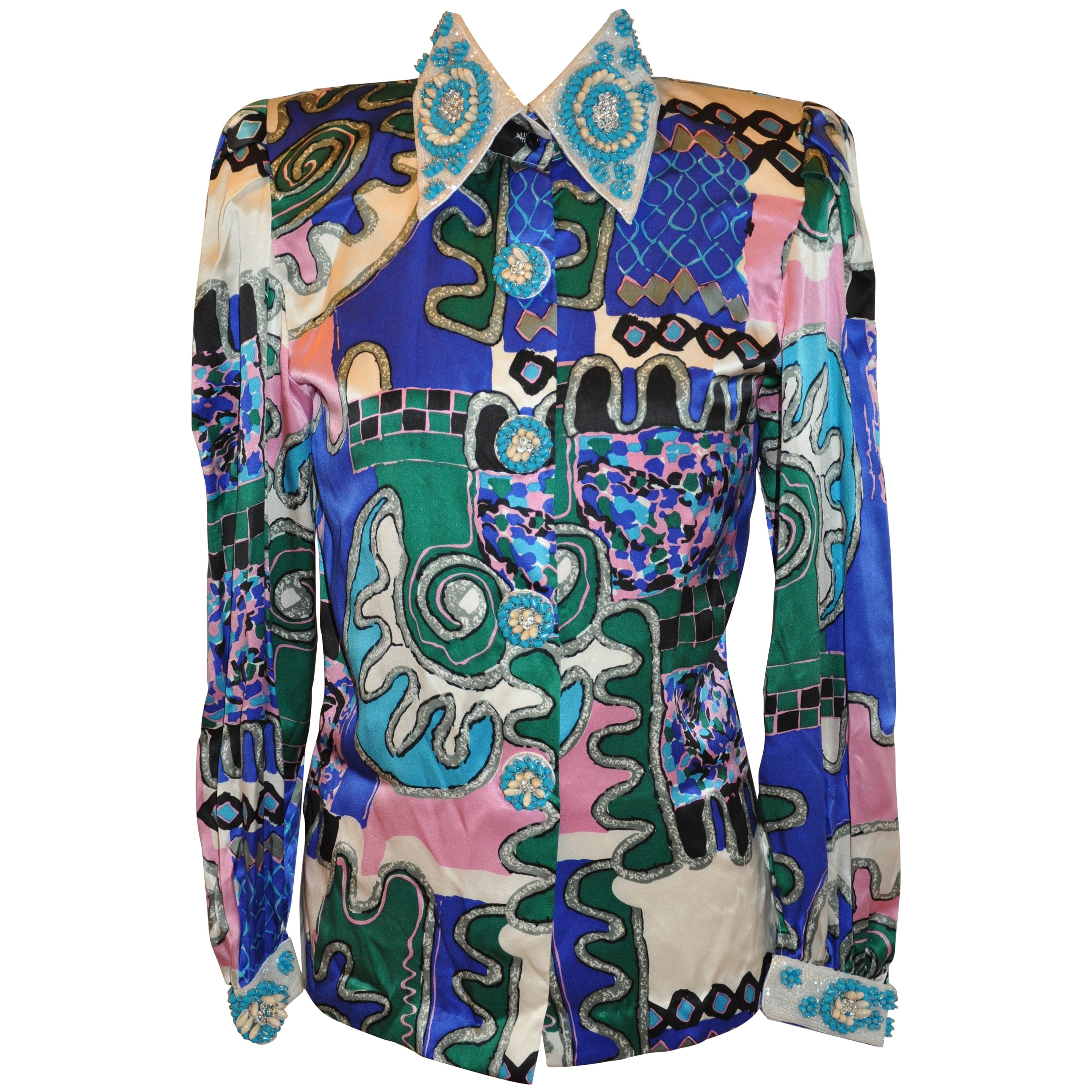 Yves Saint Laurent multi-colored floral silk blouse For Sale at 1stDibs