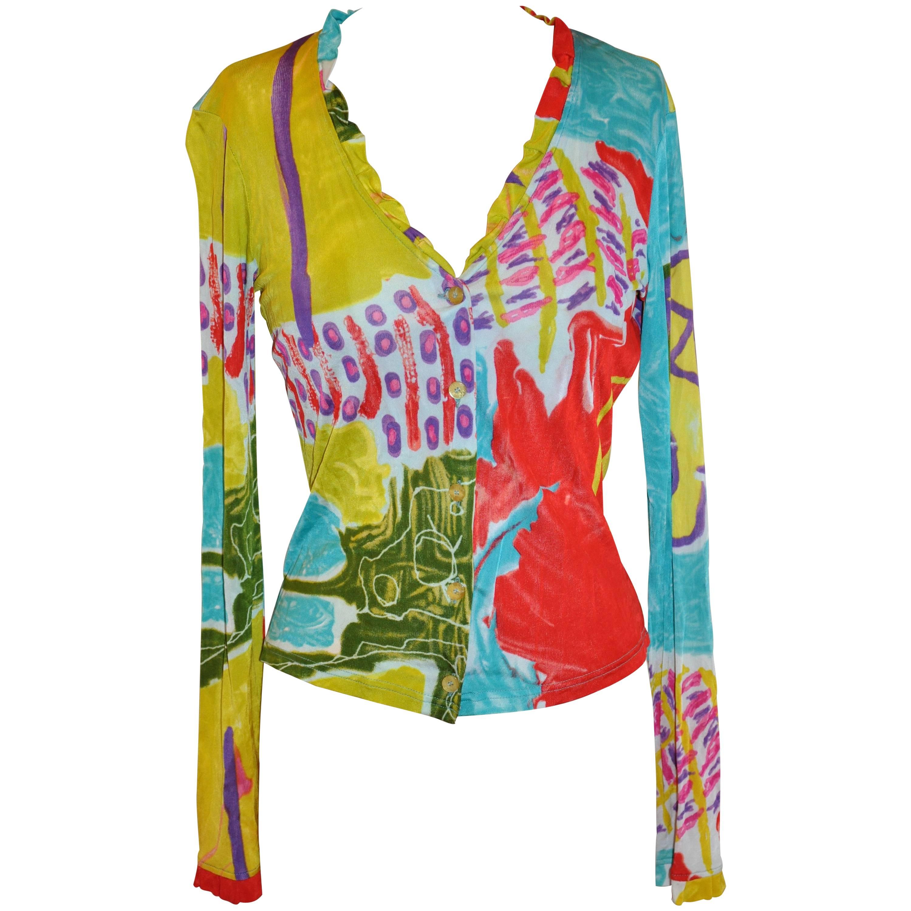 Christian LaCroix Bold Multi-Abstract Stretch Form-Fitting Button Top For Sale