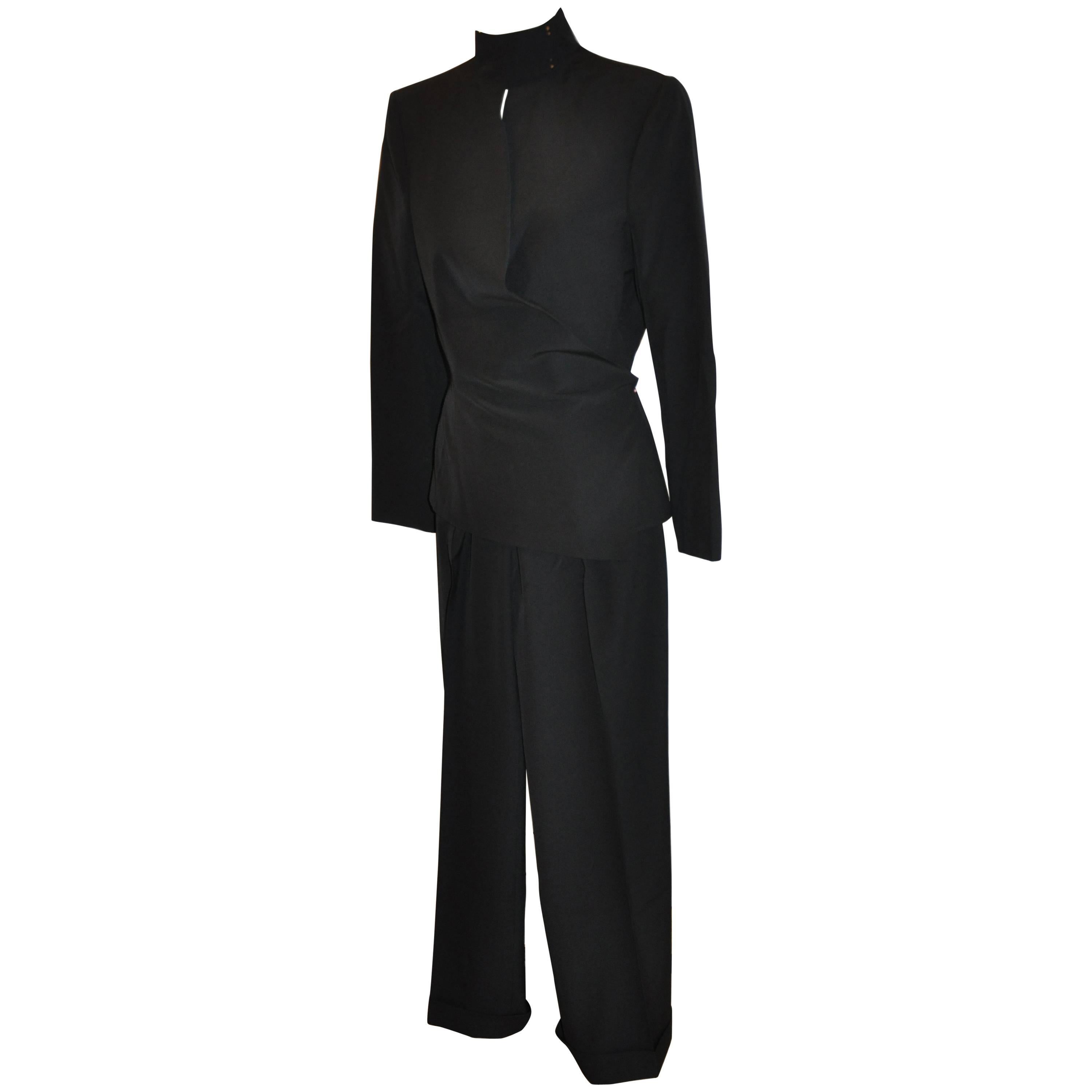 Yves Saint Laurent Signature "Asymmetric" Black Pantsuit Ensemble For Sale