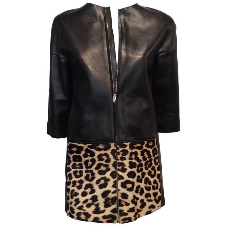 Celine Black Leather And Leopard Print Ponyhair Jacket Sz 36 (4) For