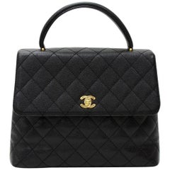 Chanel 12" Kelly Style Black Quilted Caviar Leather Hand Bag