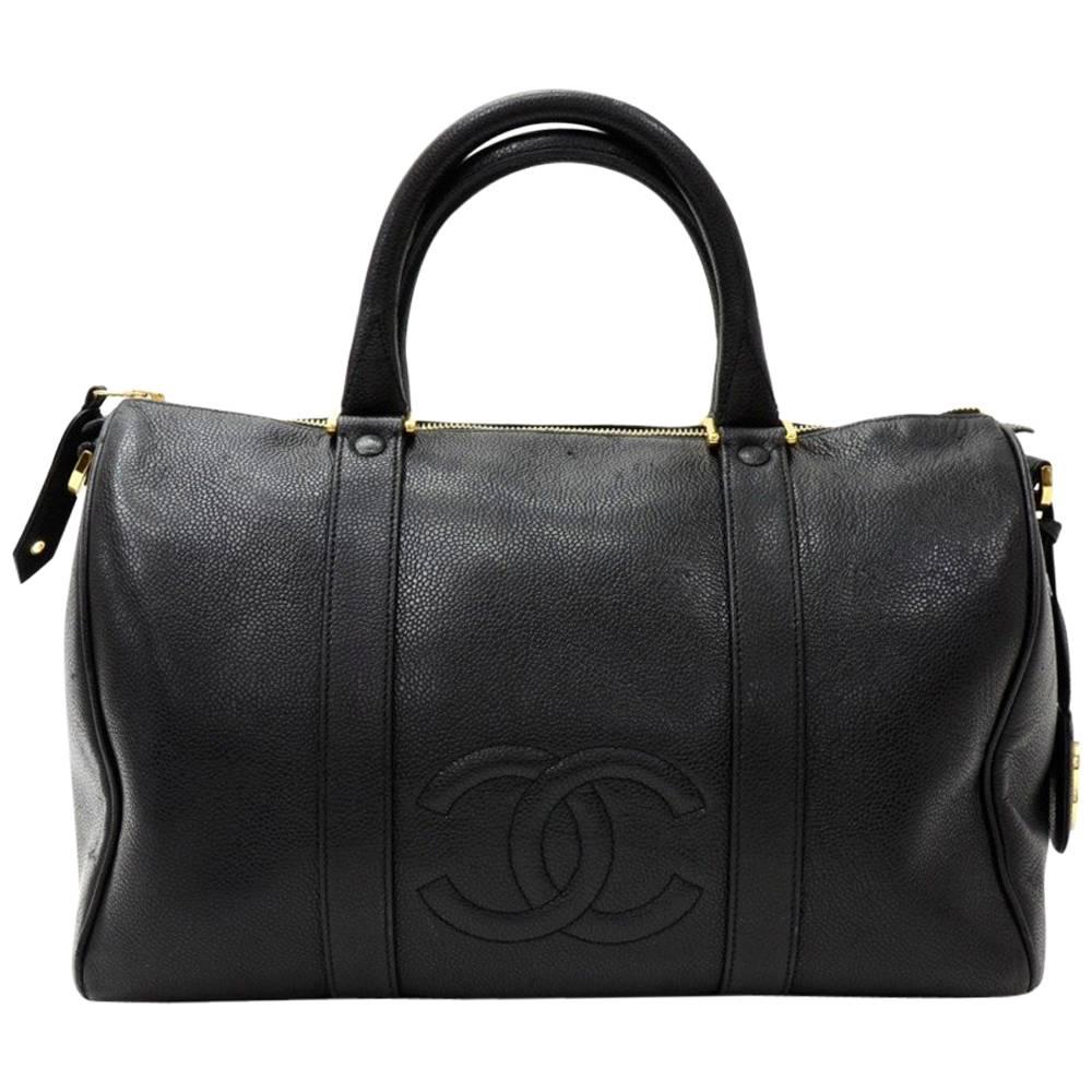 Vintage Chanel Boston Speedy Black Caviar Leather Hand Bag For Sale