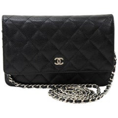 Chanel Black Quilted Caviar Leather Wallet On Long Shoulder Chain