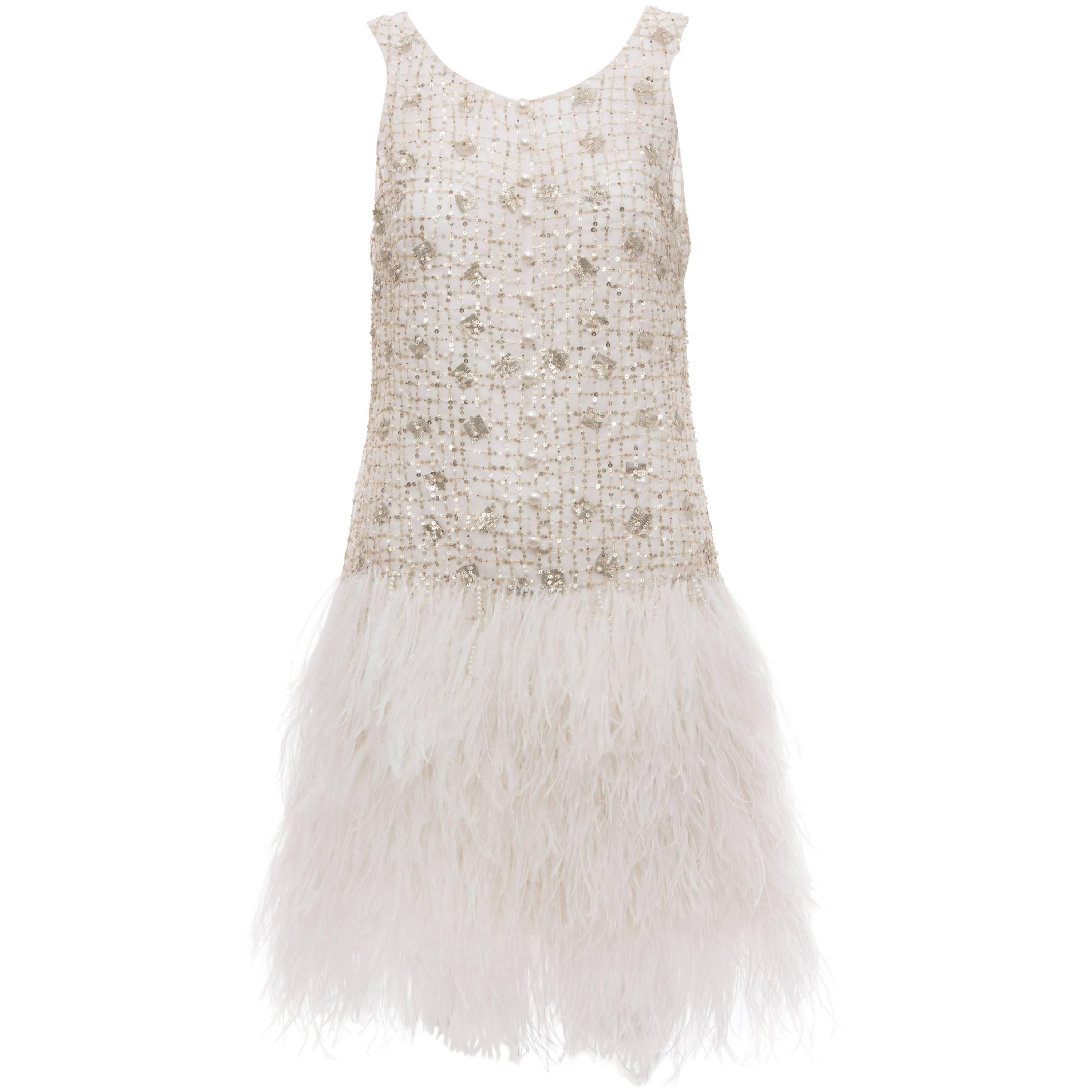 Oscar de la Renta Silk Metallic Sequin Pearl Evening Dress With Ostrich Feathers