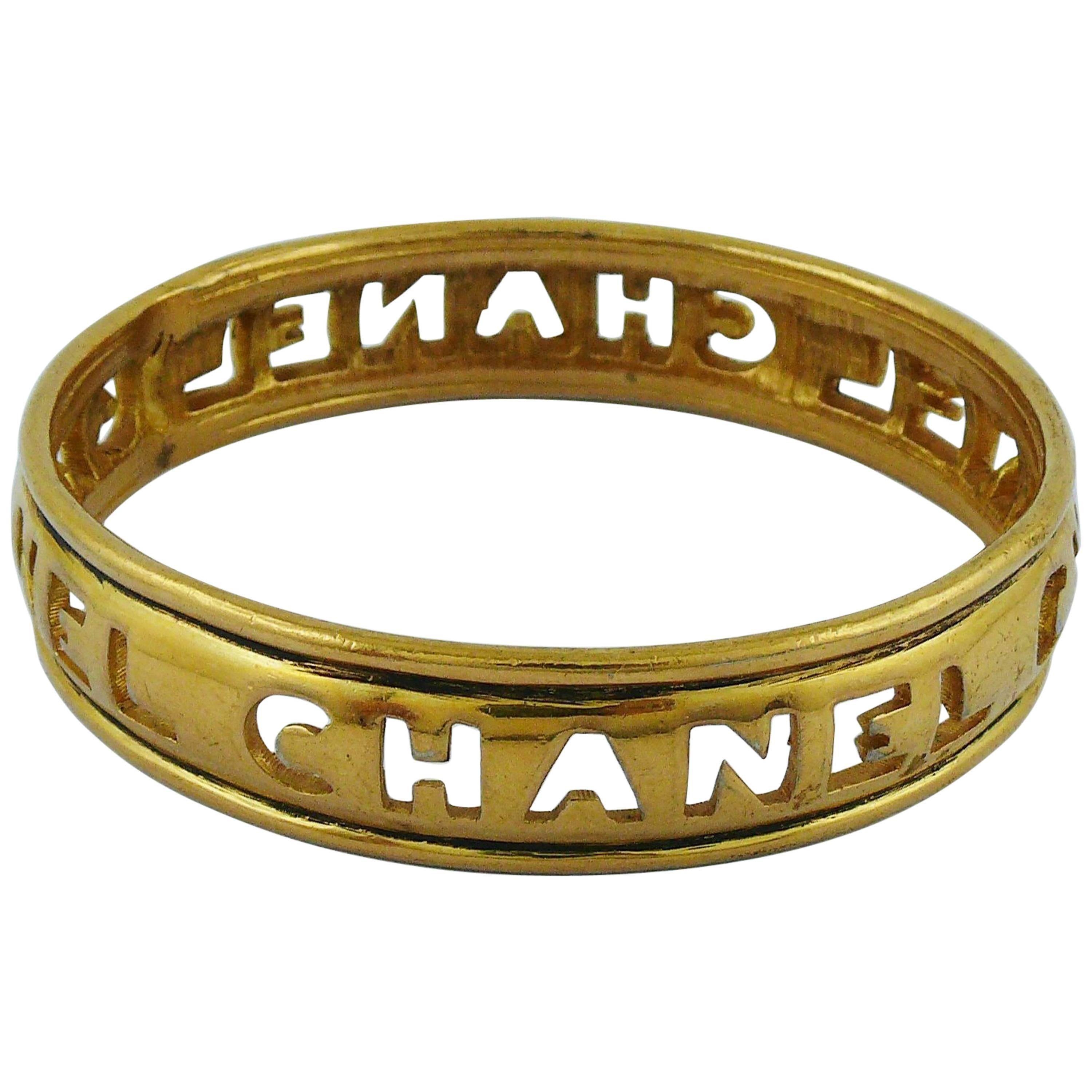 Chanel Vintage 1980s Gold Toned Cut Out Bangle Bracelet 