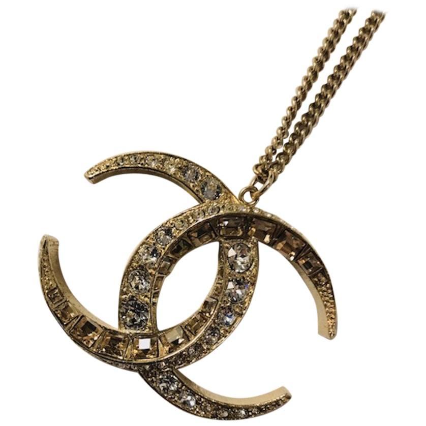 Chanel Double C Logo Crystal Necklace 24 Chain Circa 2015