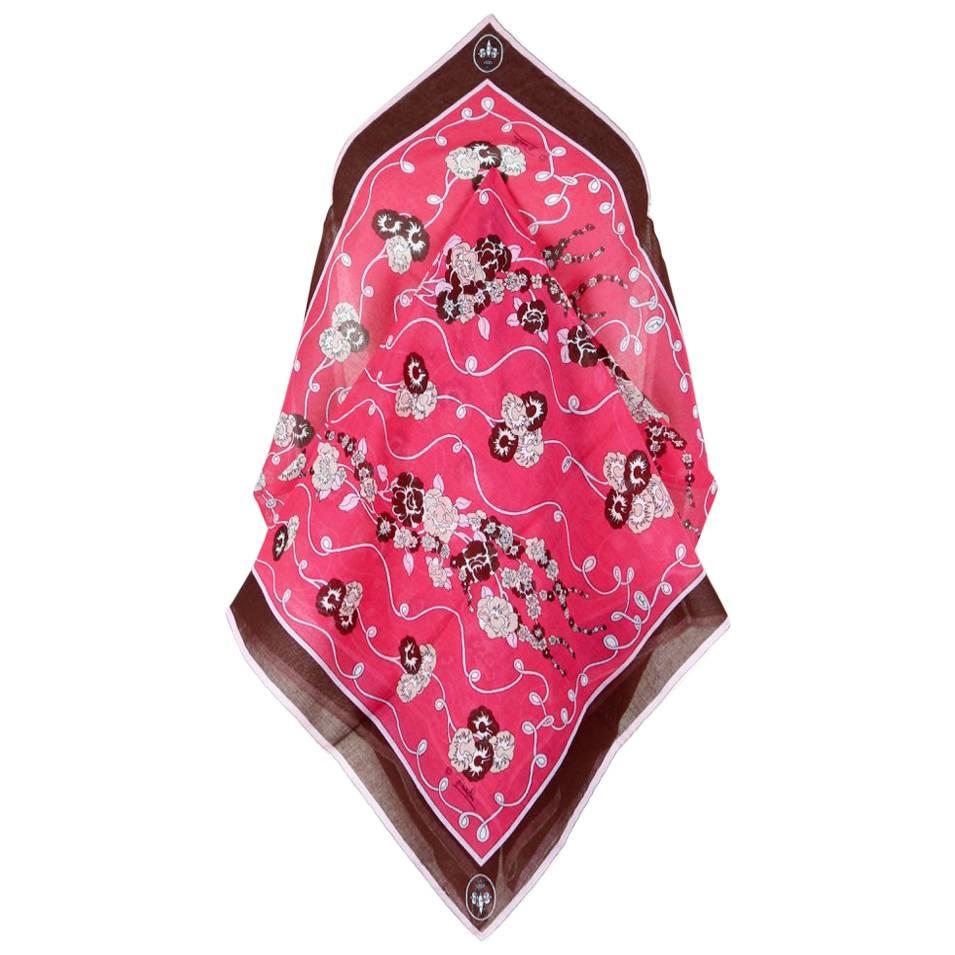 Emilio Pucci Rare Floral and Crest Print Pink Brown Light Wool Scarf, 1970s 