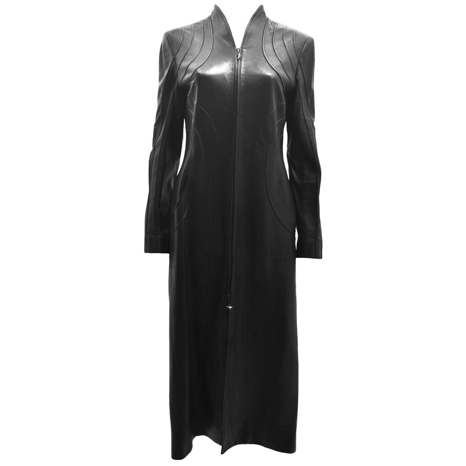 Thierry Mugler Black Leather Long Coat 1990’s For Sale