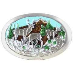 Used 1970s Silver Metal Heavy Belt Buckle With Enamel Deer & Mountain Motif