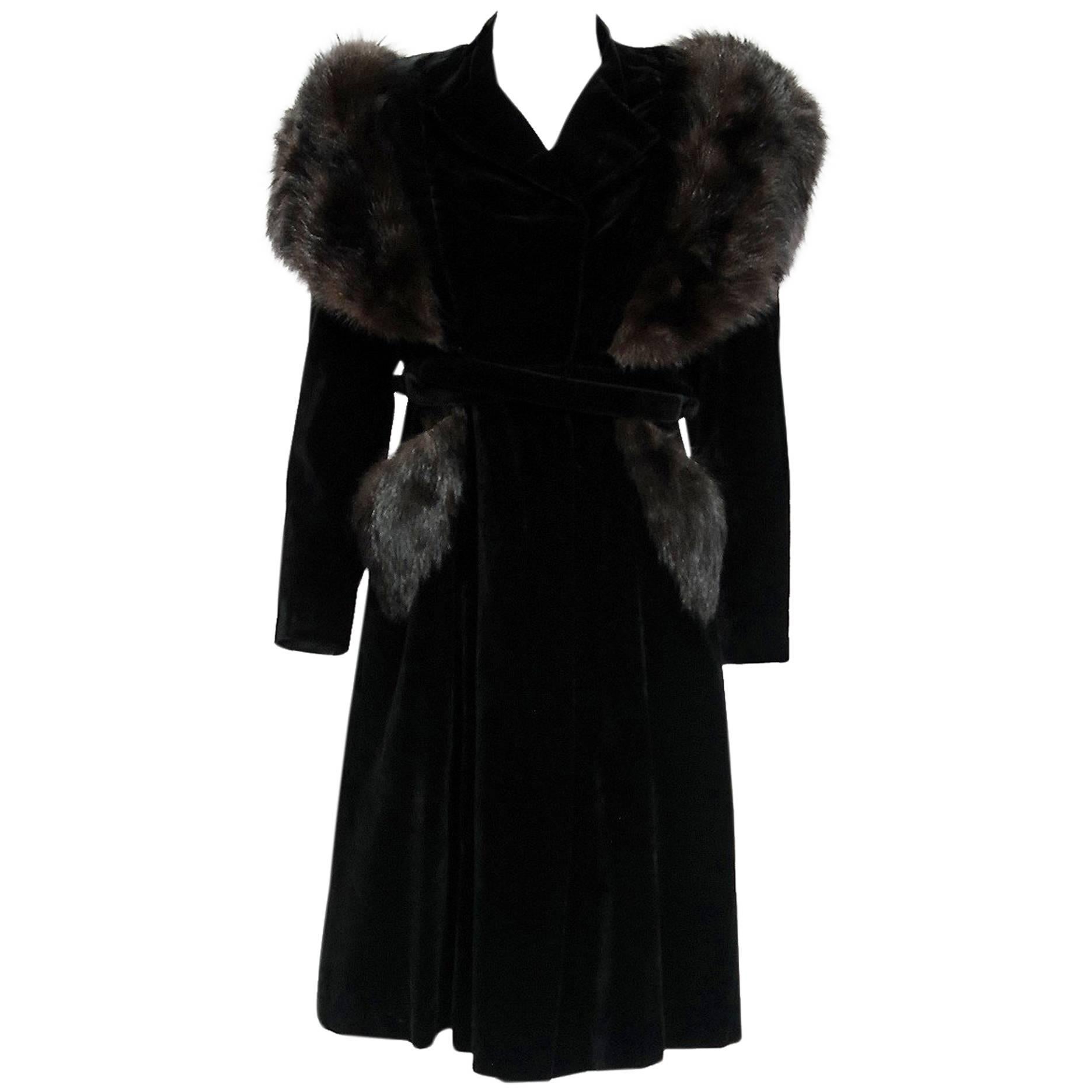 French Black Velvet and Genuine Fox Fur Belted Princess Coat Jacket, 1940s 