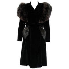 French Black Velvet and Genuine Fox Fur Belted Princess Coat Jacket, 1940s
