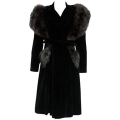 Vintage French Black Velvet and Genuine Fox Fur Belted Princess Coat Jacket, 1940s 