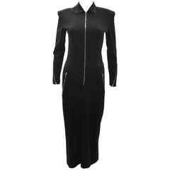 Claude Montana Charcoal Long Fitted Dress with Contrast Stitching and Popper Ven
