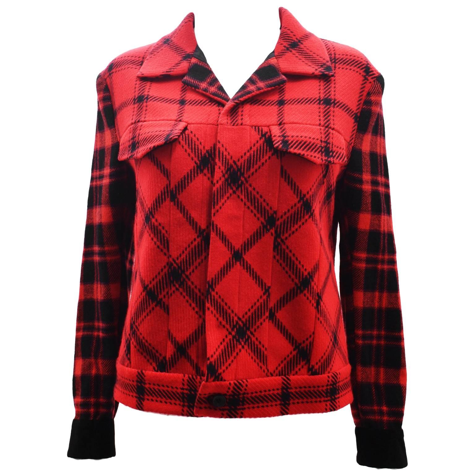 Yohji Yamamoto Red and Black Check Cropped Jacket For Sale