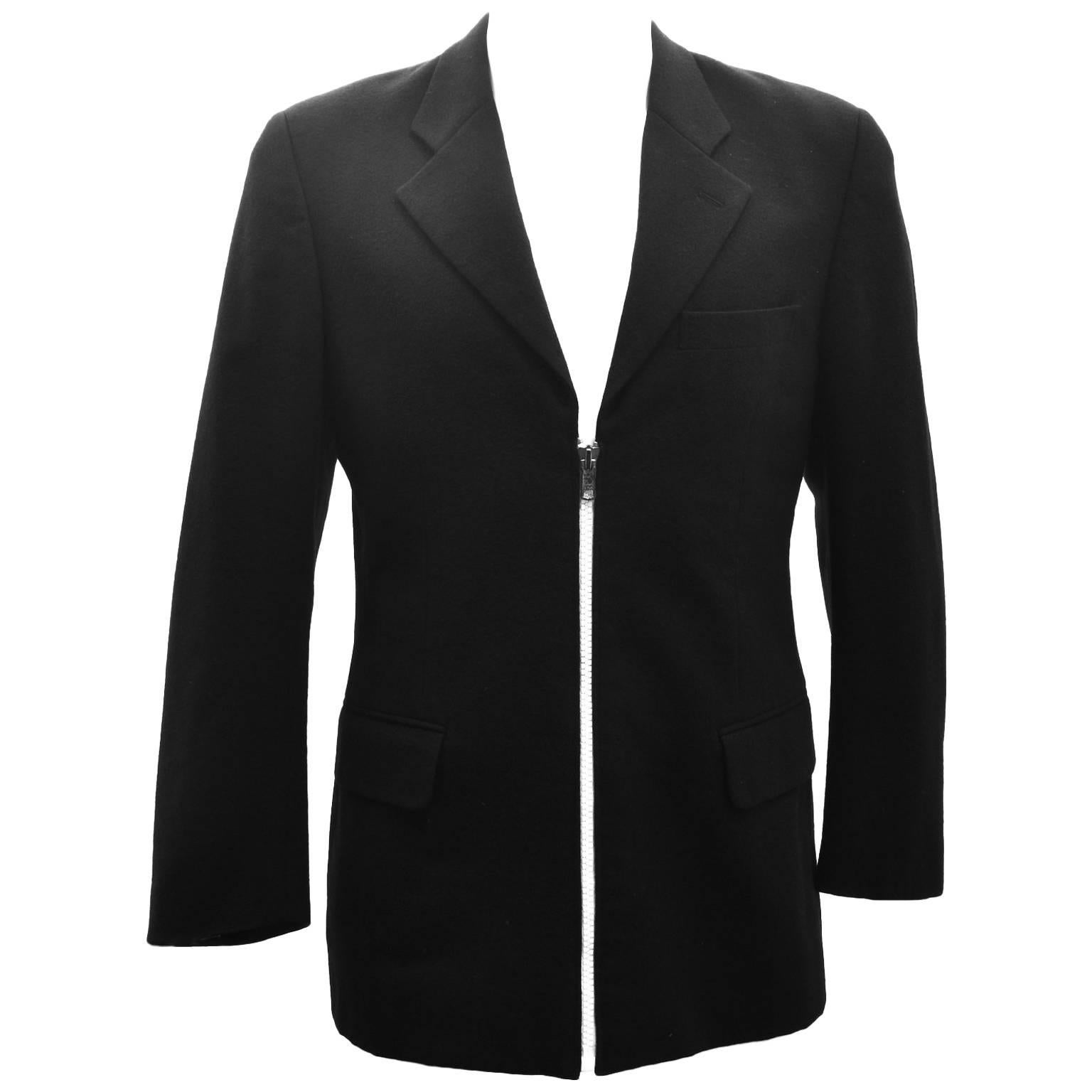 Comme des Garcons Homme Black Wool Blazer with Contrast White Zip  For Sale
