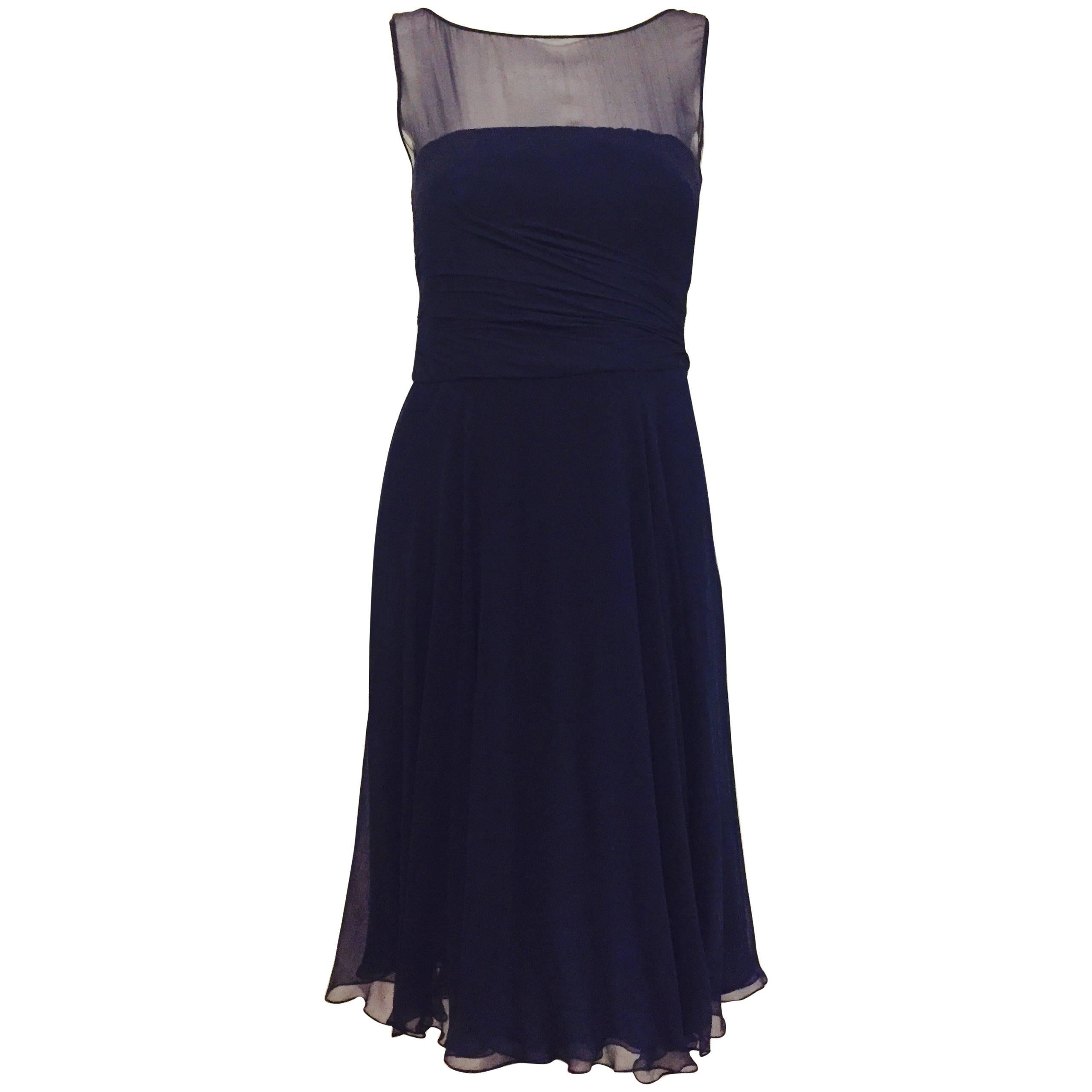 Romantic Ralph Lauren Elegant Navy Silk Evening Dress with Ruffle Skirt For Sale