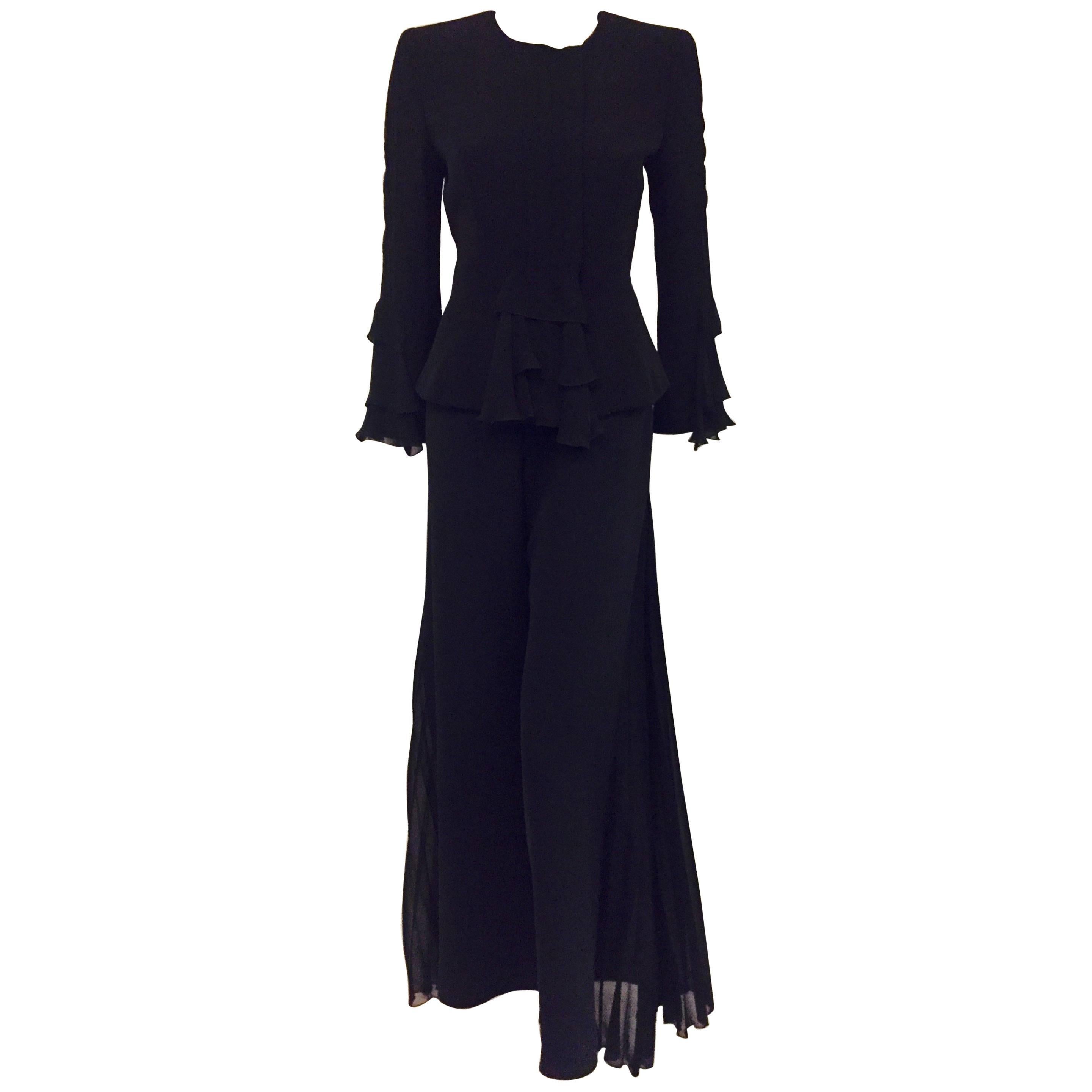Glamorous Giorgio Armani Black Pleated Silk Pantsuit with Side Pleats on Pants