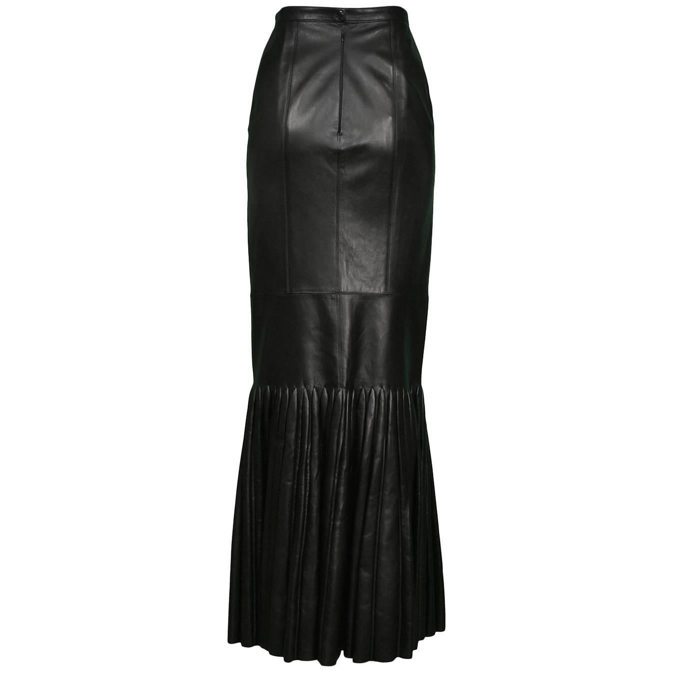 Unusual Vintage Alaia Black Leather Mermaid Skirt with Pleated Hem 