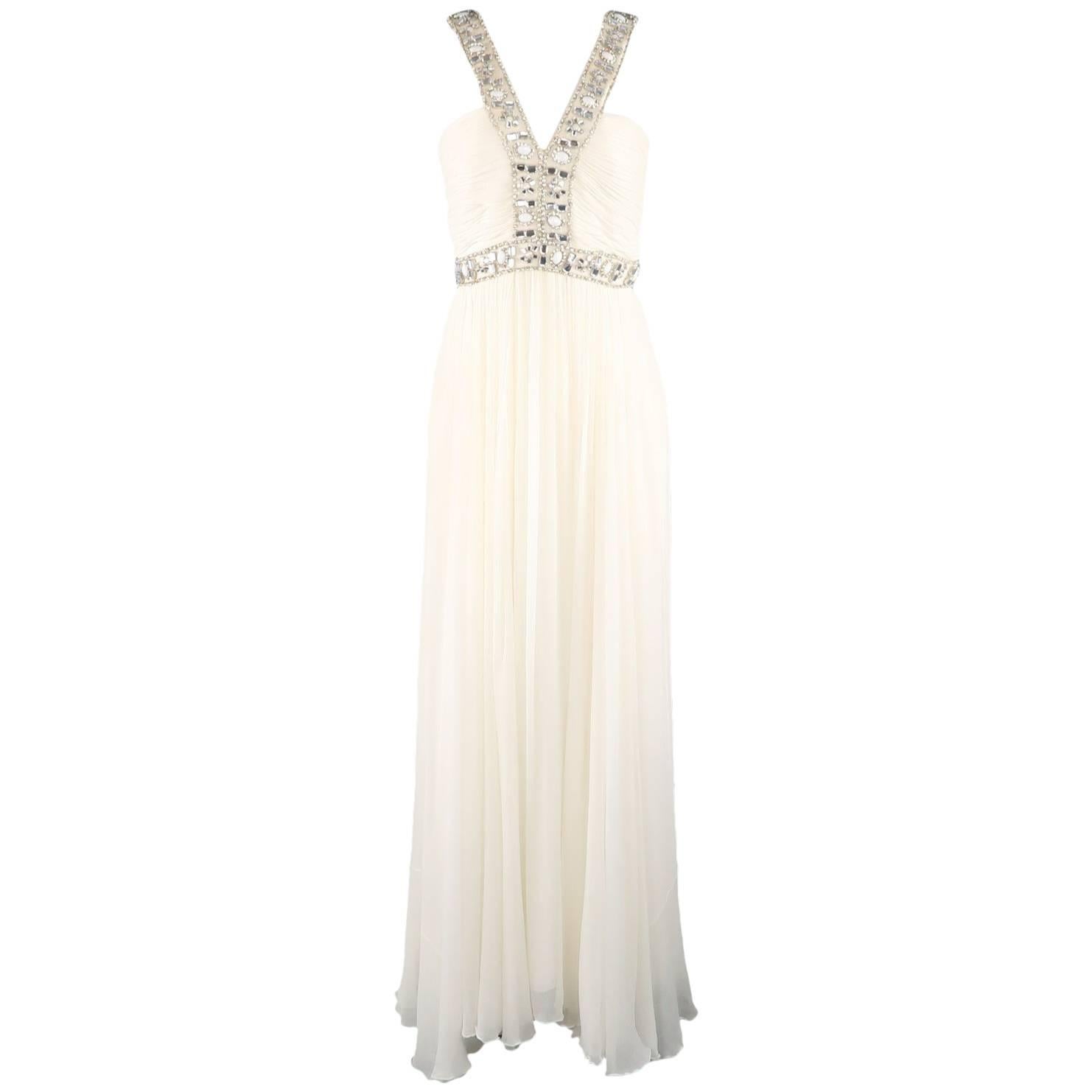 NAEEM KHAN Gown -  Size M Cream Silk Crepe Chiffon Rhinestone Beaded Strap