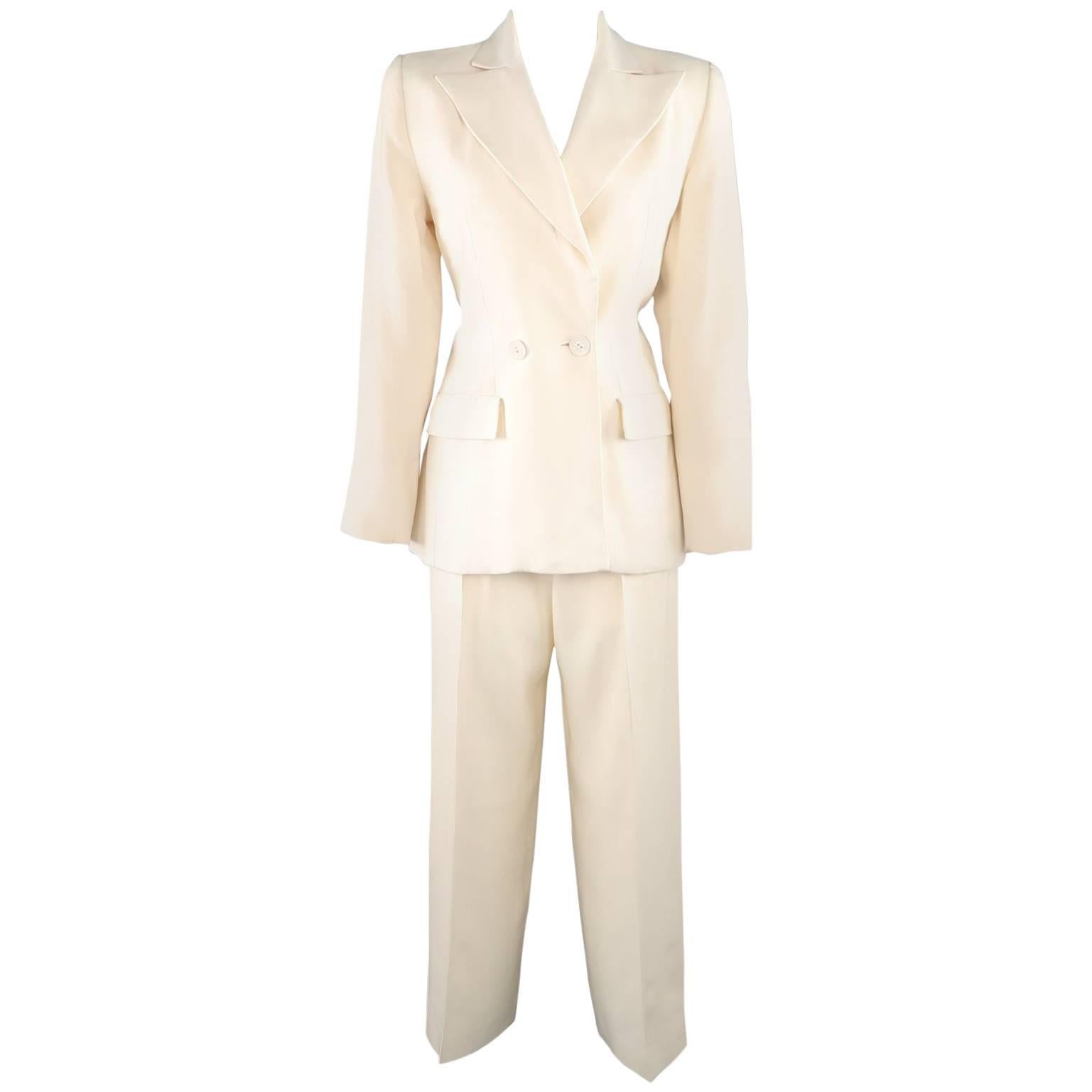 YVES SAINT LAURENT Size 8 Cream Silk Peak Lapel Pants Suit