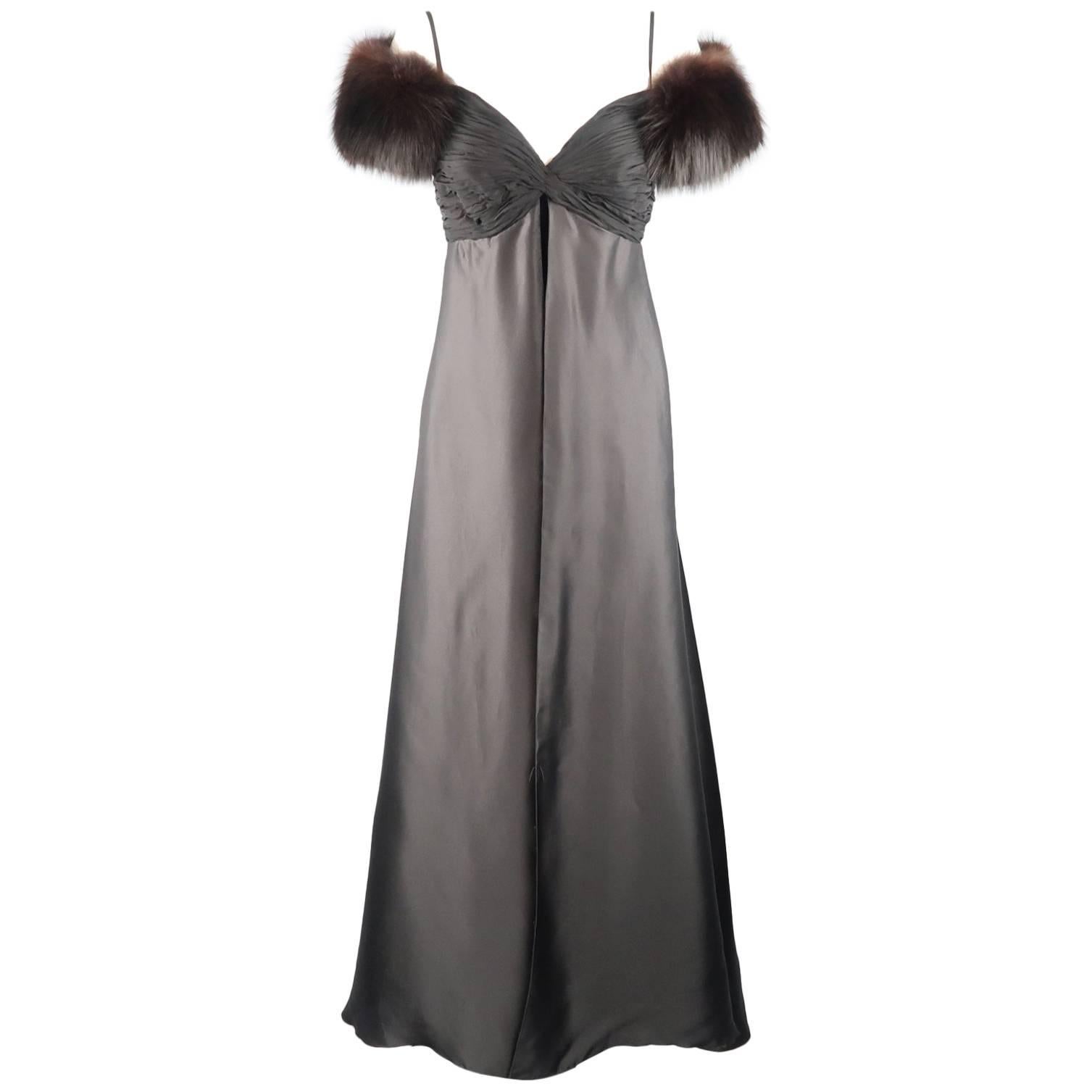 MICHAEL CASEY Gown US 8 Black Silk & Velvet Gathered Bust Fox Fur Shoulder Dress
