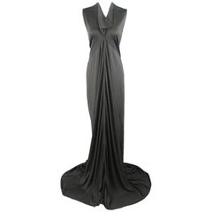 RICK OWENS Dress Maxi - Size 8 Black Silk Ruched Mermaid Train