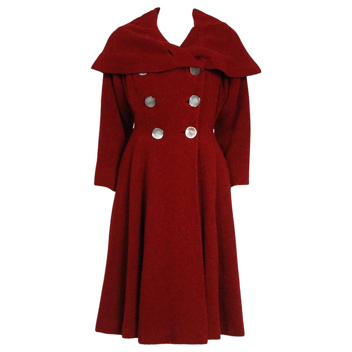 1940's Burgundy Red Chenille-Wool Double Breasted Shawl Collar Princess Coat 