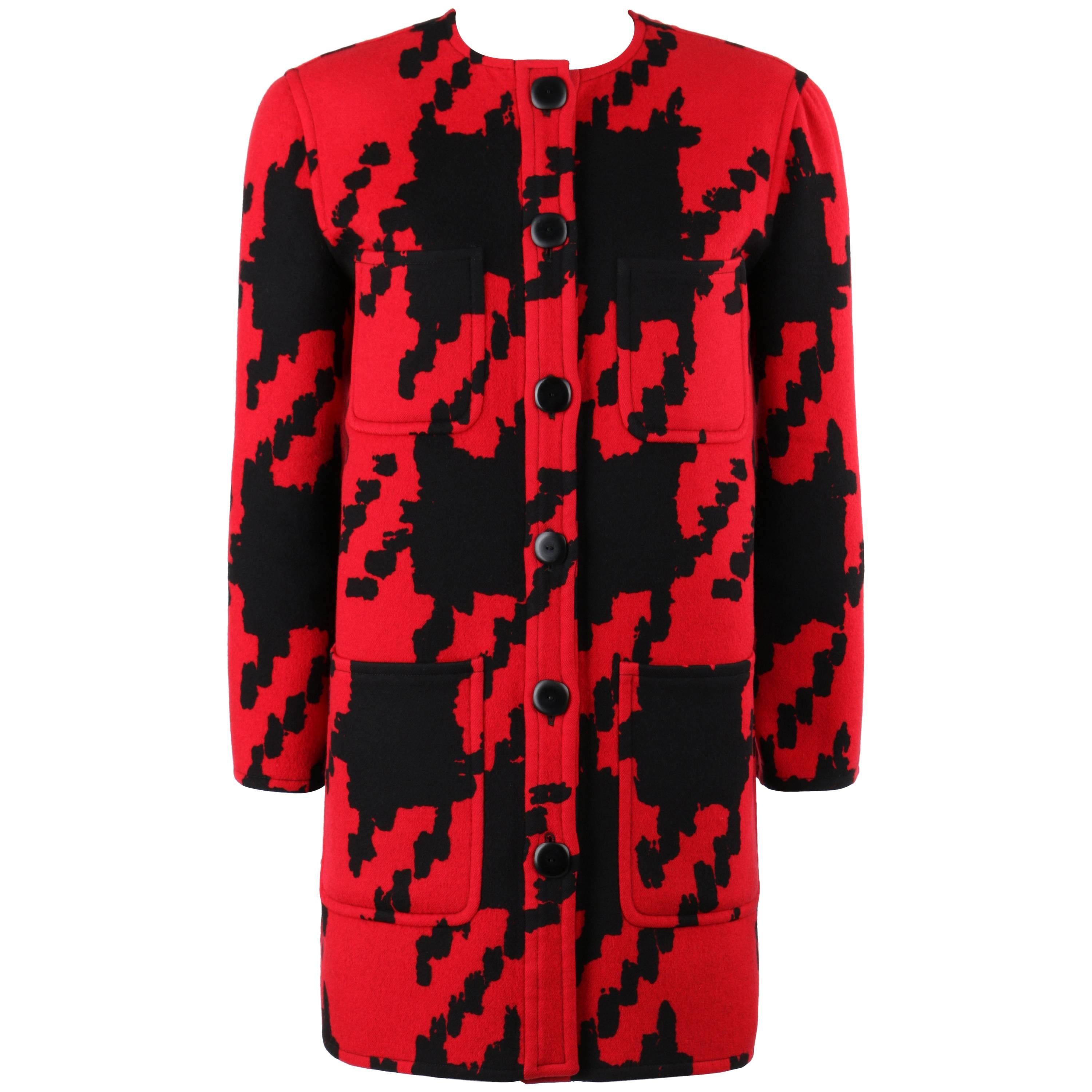VALENTINO Boutique c.1980s Red & Black Oversized Houndstooth Wool Car Coat