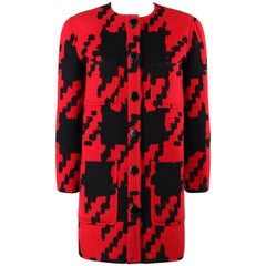 Vintage VALENTINO Boutique c.1980s Red & Black Oversized Houndstooth Wool Car Coat