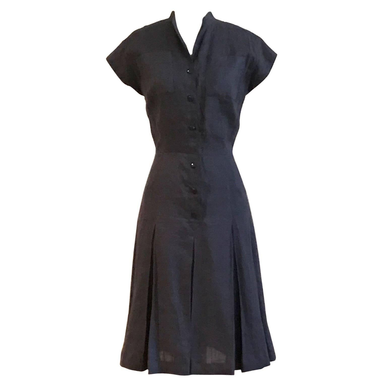 Sorelle Fontana Early Vintage Navy Blue Button Front Shirt Dress with Pockets