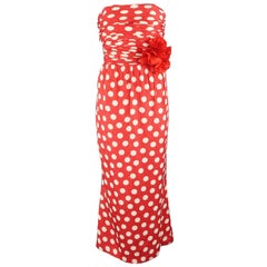 Vintage CHANEL Size 8 Red & White Polka Dot Silk Strapless Flower Gown