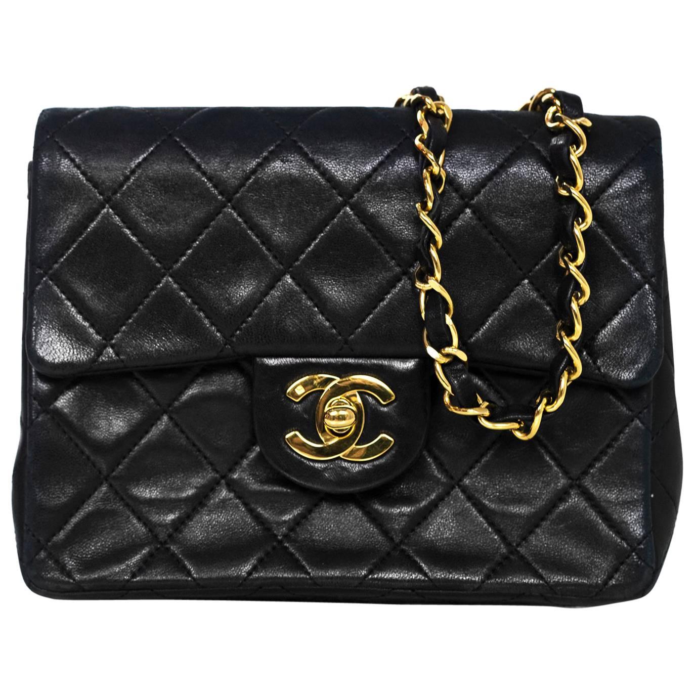 Chanel Vintage Black Quilted Lambskin Square Mini Flap Bag with DB