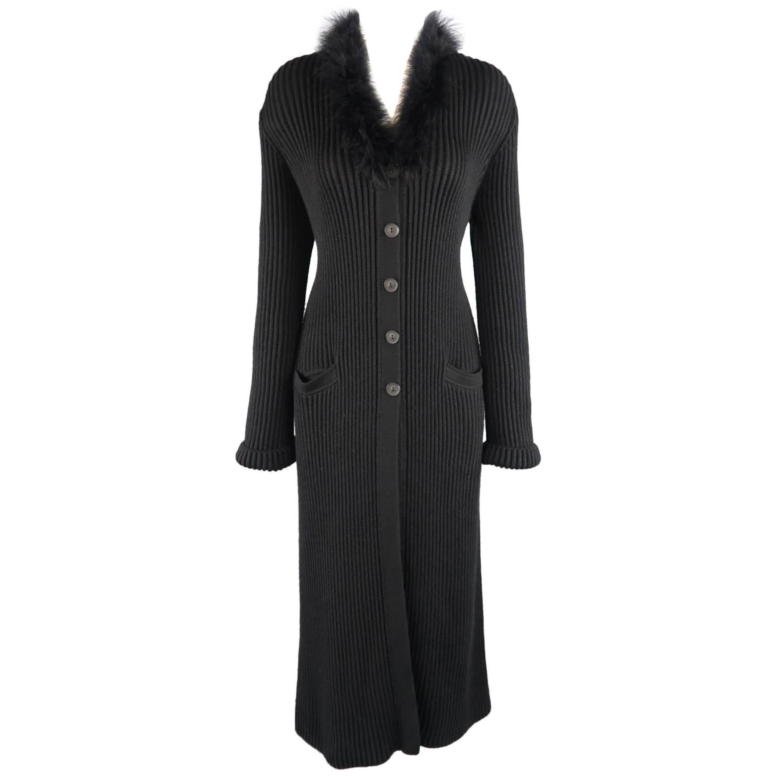 GIORGIO ARMANI Size 12 Black Wool / Silk Feather Collar Cardigan Coat
