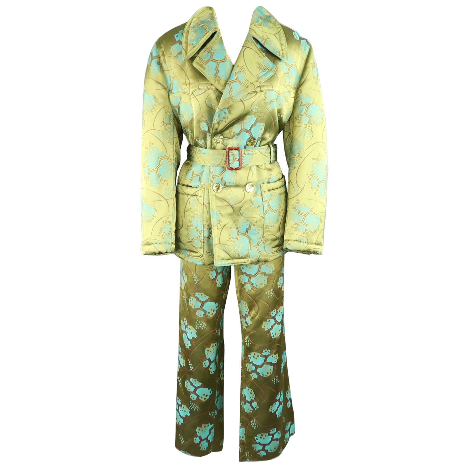 JEAN PAUL GAULTIER Size 10 Green Abstract Chinoiserie Satin Trench & Pant Outfit
