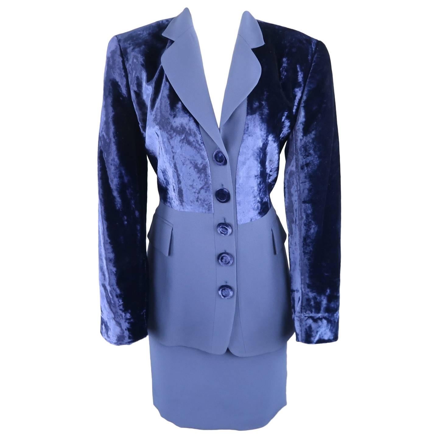GIANFRANCO FERRE Size 8 Blue Velvet Panel Skirt Suit