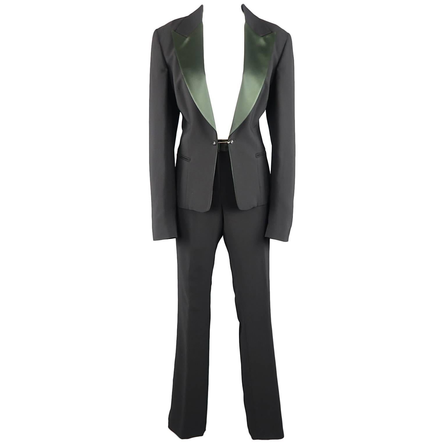 GIANFRANCO FERRE Size 10 Black & Green Peak Lapel Tuxedo Pants Suit