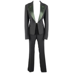 Vintage GIANFRANCO FERRE Size 10 Black & Green Peak Lapel Tuxedo Pants Suit