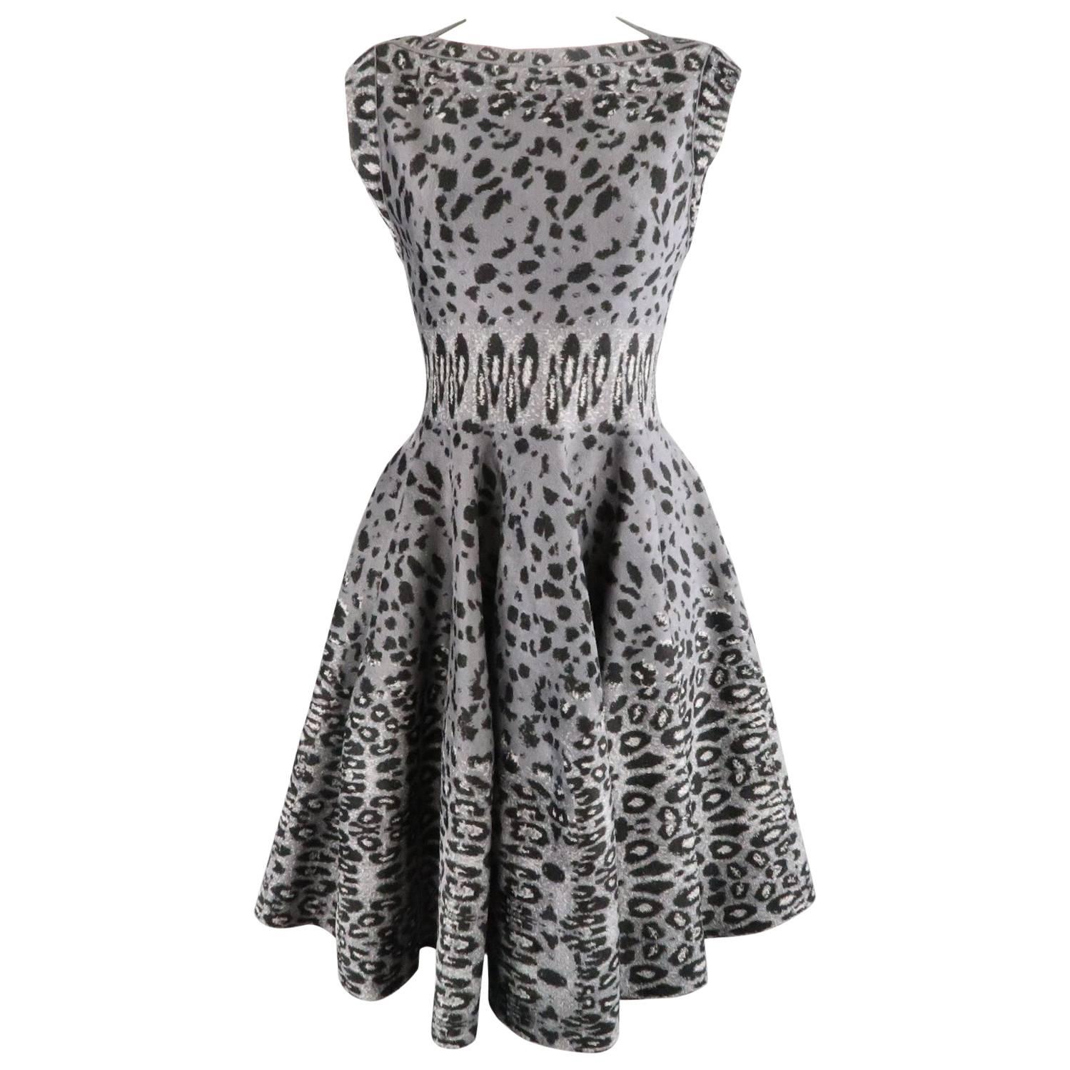 ALAIA Size S Gray Leopard Print Knit Fit Flair Ruffle Skirt Dress