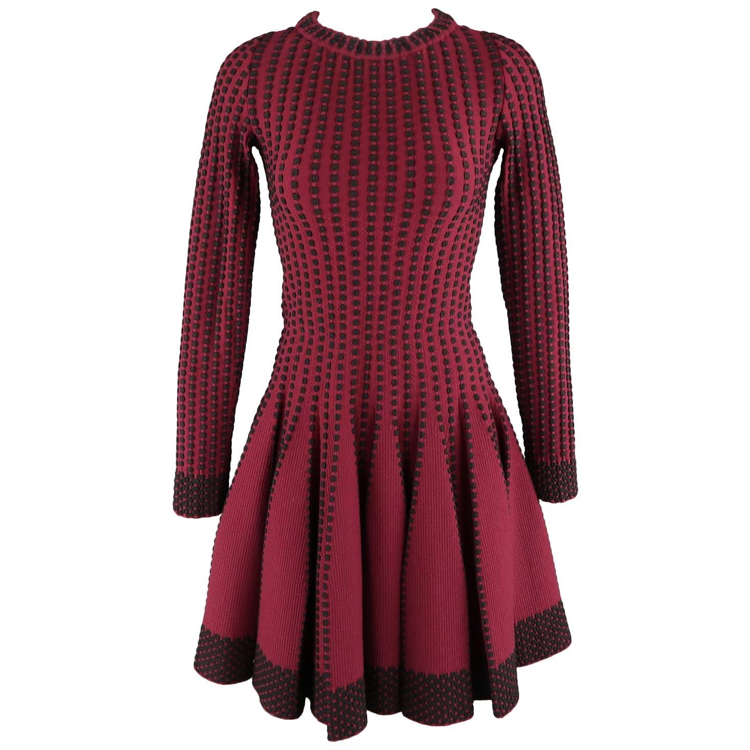 Alaia Burgundy and Black Stretch Wool Fruit Flair Long Sleeve Dress, Size 10
