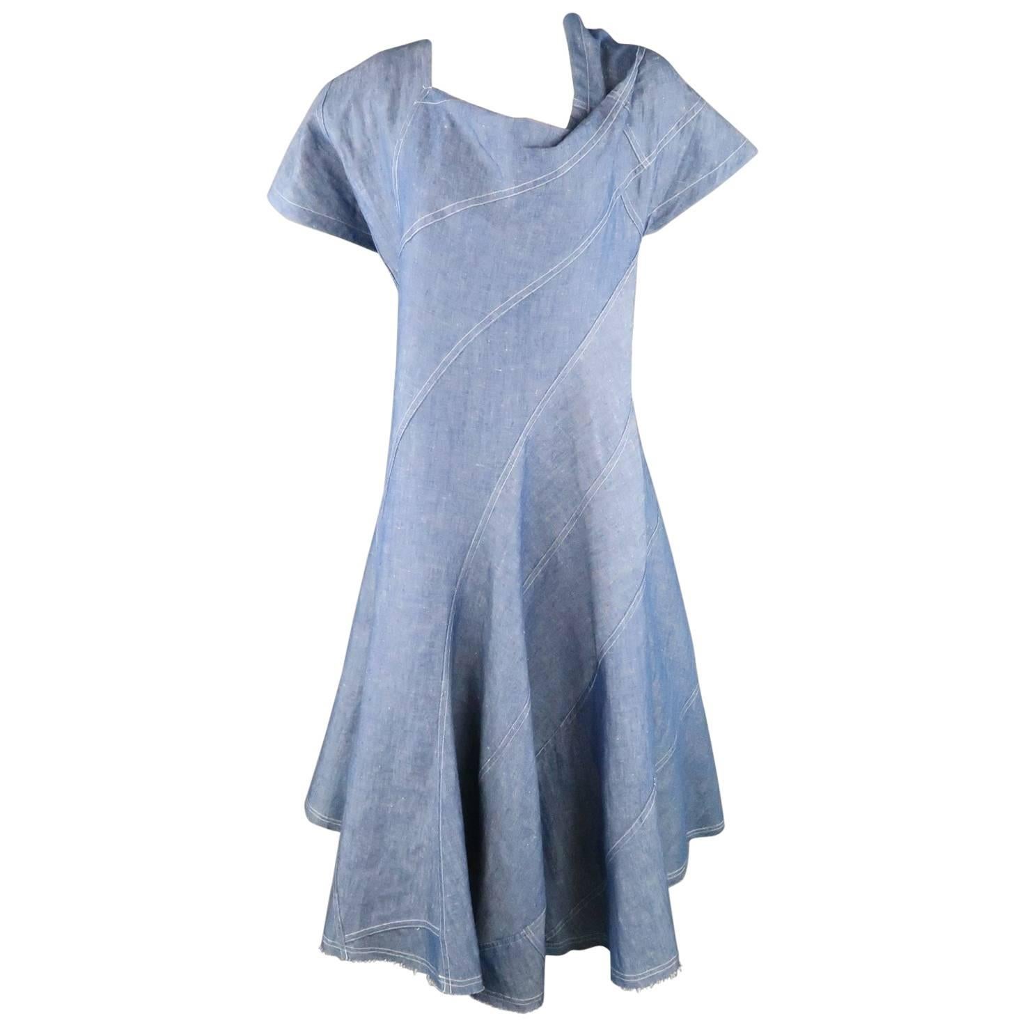 JUNYA WATANABE Size S Blue Cotton / Linen Asymmetrical Patchwork Flair Dress