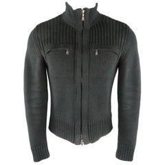 YVES SAINT LAURENT Size M Black Ribbed Cotton Knit High Collar Zip Cardigan