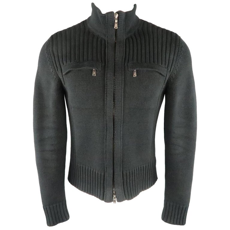 YVES SAINT LAURENT Size M Black Ribbed Cotton Knit High Collar Zip